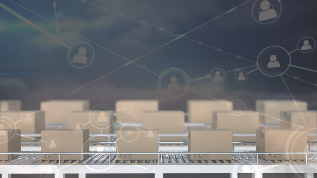 창고의 컨베이어 벨트에 있는 상자 위의 연결 네트워크의 애니메이션
