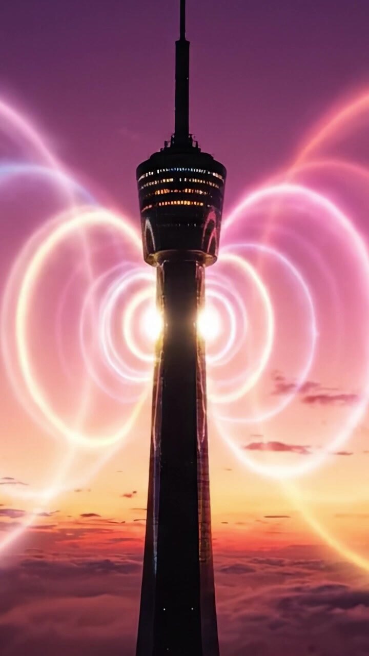 Una maestosa torre che si erge alta contro un vivido cielo al tramonto con effetti di luce eterei, creando una splendida armonia visiva mentre il giorno lascia il posto alla notte