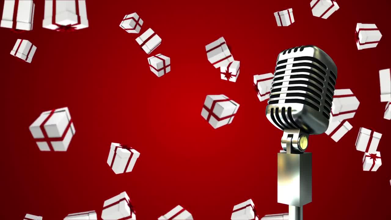 Animaatio vintage-mikrofonista, jossa joululahjoja putoaa punaisella taustalla.