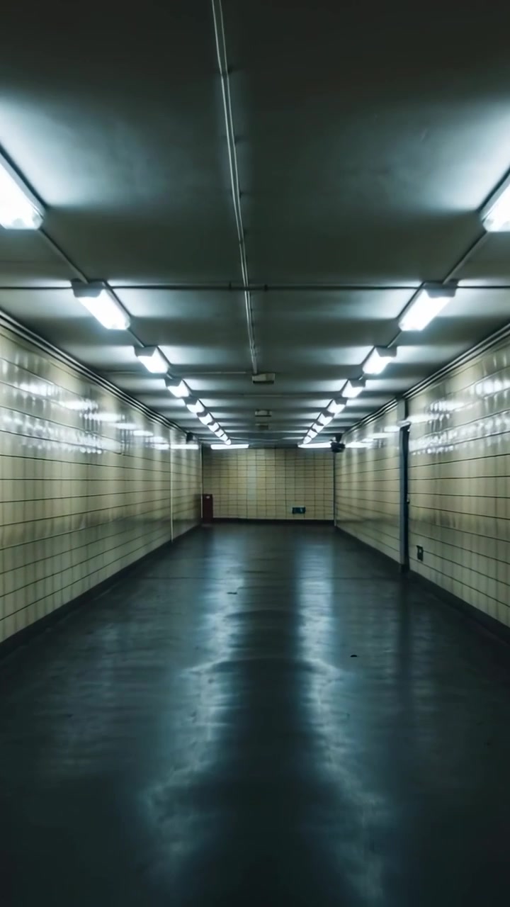 Video verticale: Telecamera che si muove seguendo uno scossone manuale lungo un corridoio in un sottopassaggio, con luci e pavimento.