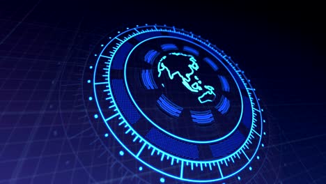 hud con el planeta tierra en el centro de los círculos giratorios 4k renderizado imágenes de video en azul oscuro.