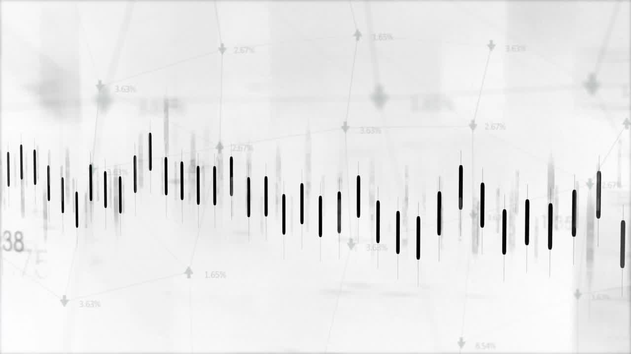Stylized data visualization showing vertical tick bars with green arrows linking nodes and labels