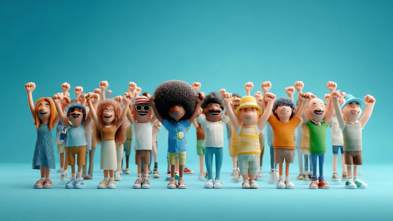 A Vibrant Gathering of Animated Characters Celebrating Unity, Joy, and Empowerment with Raised Fists in a Colorful Scene Against a Light Blue Background