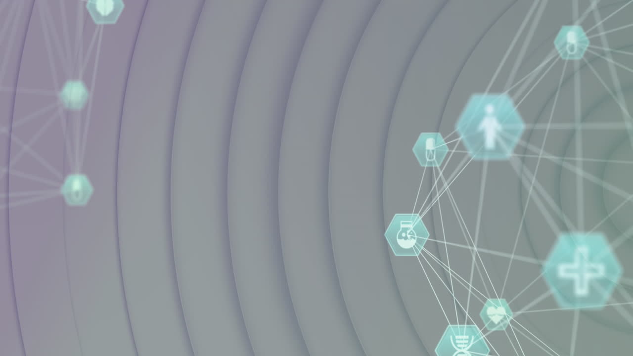 animación de globos de iconos médicos que giran sobre círculos concéntricos sobre un fondo blanco