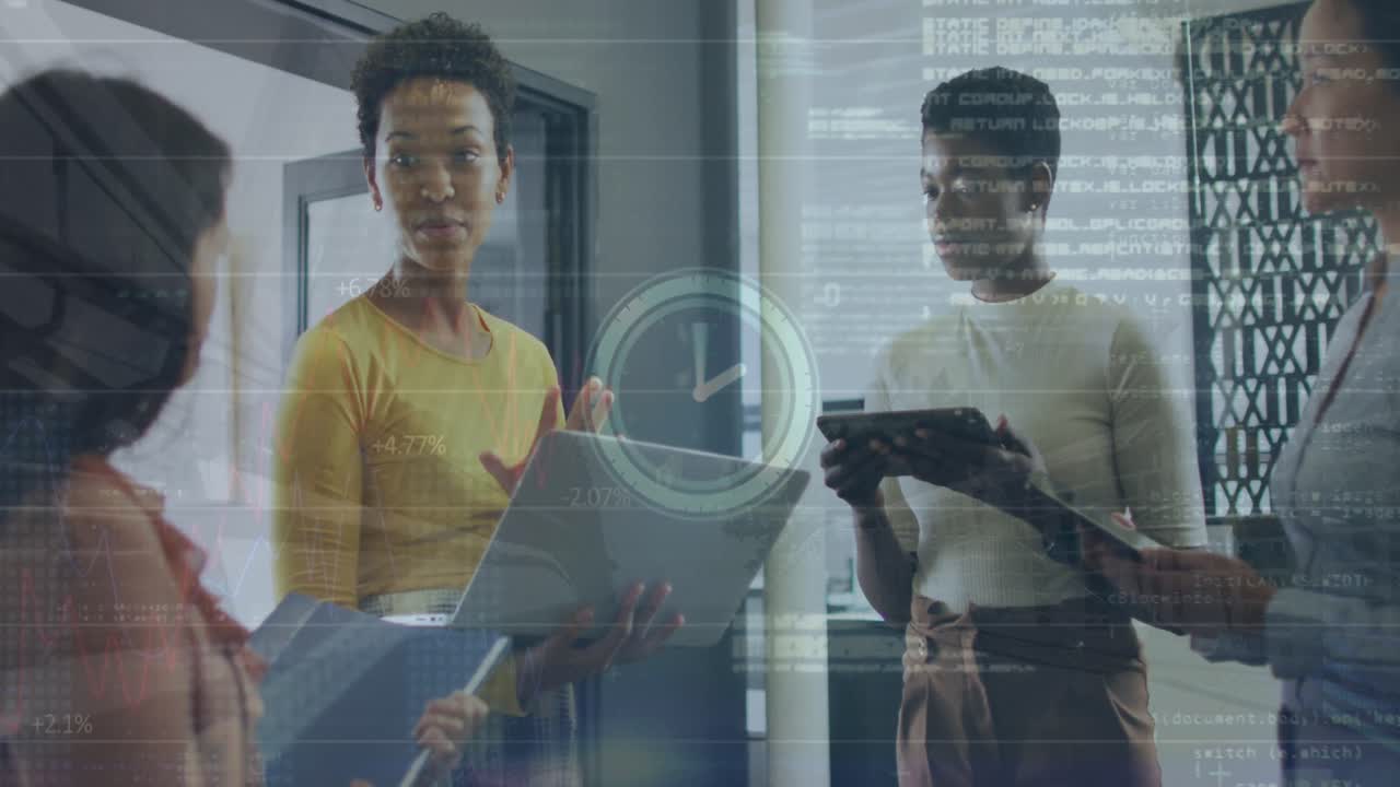 Animation of data processing and clock over diverse business people in office