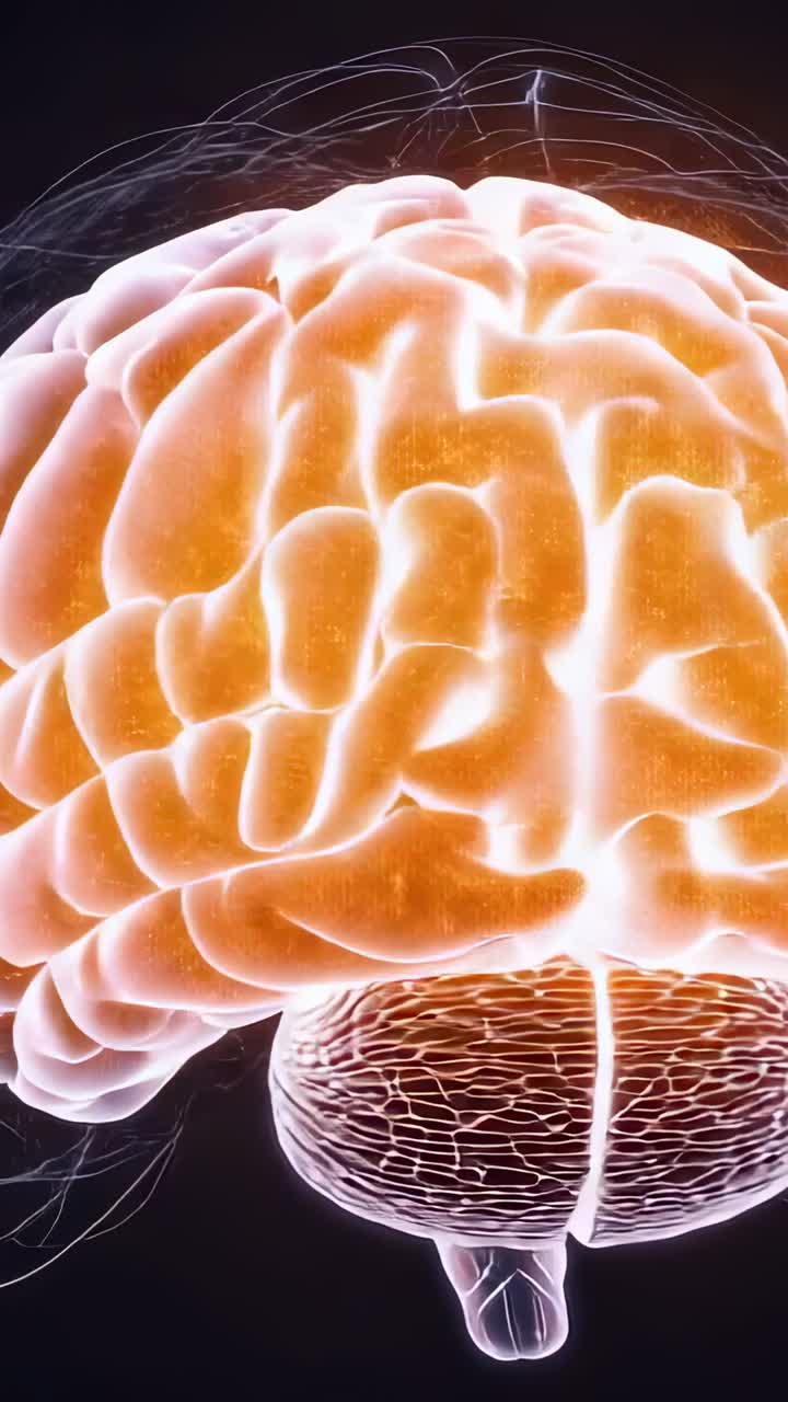 Vertical video: Rotating camera revealing translucent brain, showing pulsing cortex activity in lab