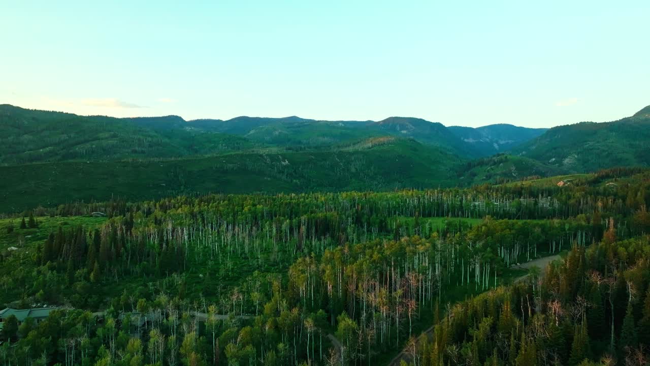 Golden hour glow of forested Steamboat Springs hills and winding valley terrain, natural aerial backdrop