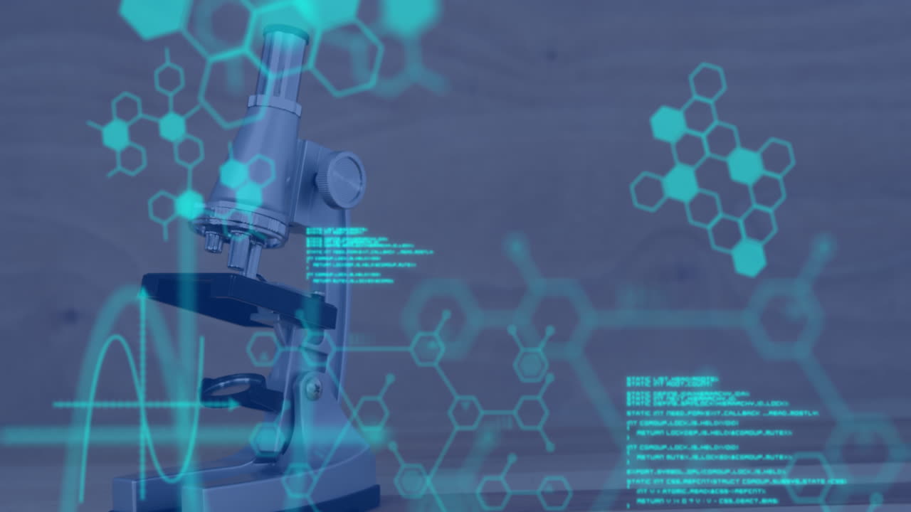 la animación digital muestra datos médicos y estructuras químicas para la ciencia global.