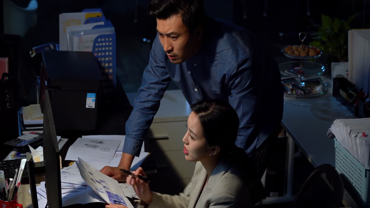 Concepts of teamwork, productivity, and business innovation, Business people working late at night in the office. A marketing team analyzes data and discusses sales using charts on a computer screen