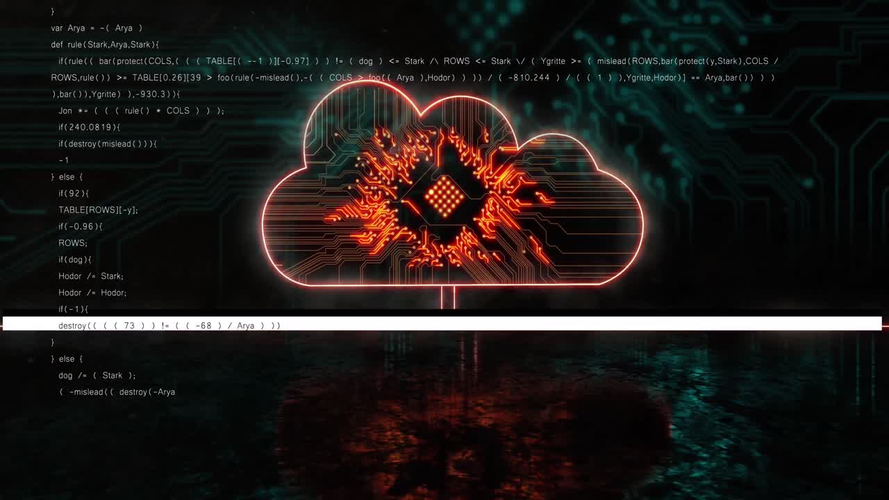 animación de procesamiento de datos sobre icono de nube con placa de circuito de computadora en fondo negro