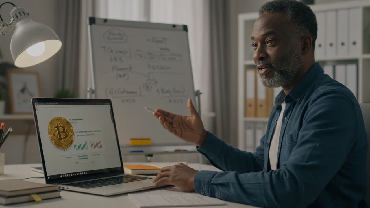 A Thoughtful Discussion on Cryptocurrency: An Individual Engaging with Bitcoin Insights on a Laptop in a Modern Workspace Setting
