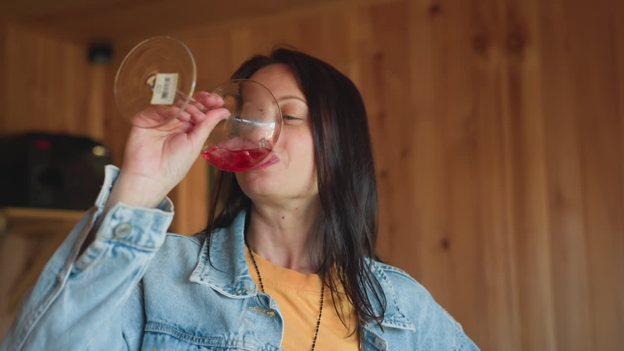 Young brunette in denim jacket slowly sips red wine from crystal glass inside cozy wooden cabin kitchen, enjoying relaxed afternoon, eyes half closed savoring aroma amid rustic interior lighting