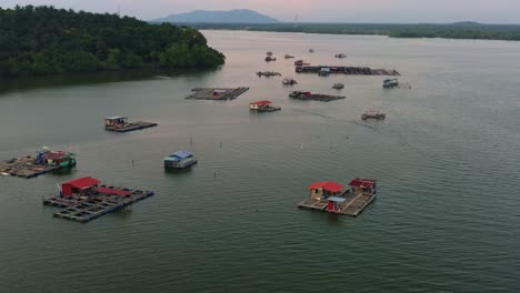 aerial view drone flyover capturing traditional floating fish farms on calm waters, the wooden structures with cages and nets are used for aquaculture