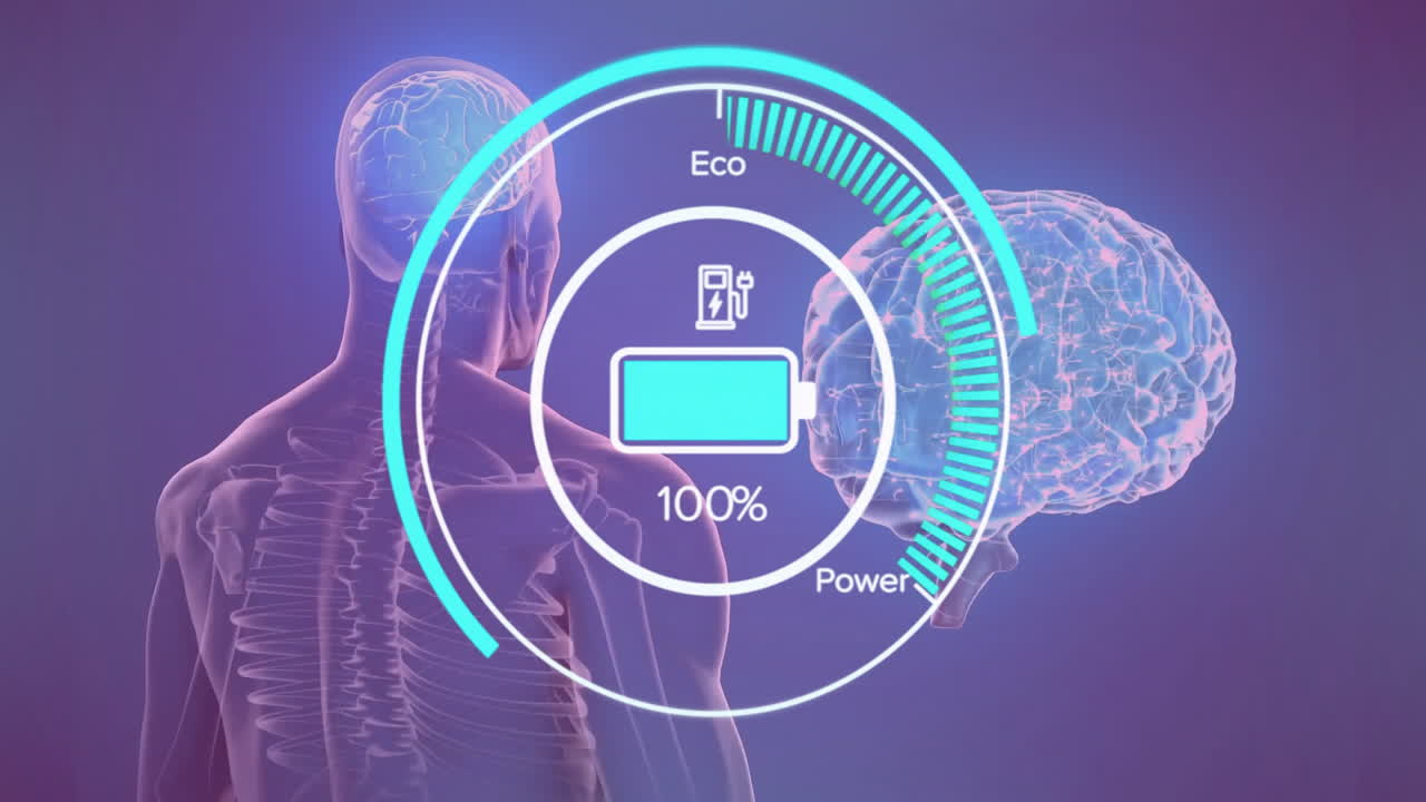 인간의 뇌와 골격에 대한 배터리 충전 애니메이션