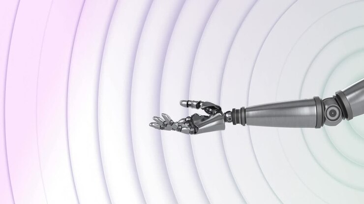 Robotic hand moving against rows of white circles pulsating in background