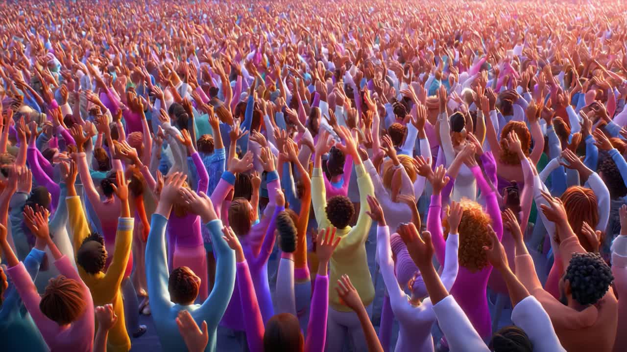 A Vibrant Gathering of Enthusiastic Individuals Celebrating Together with Uplifted Hands in a Sea of Colorful Outfits, Capturing the Spirit of Unity and Joy in a Collective Experience