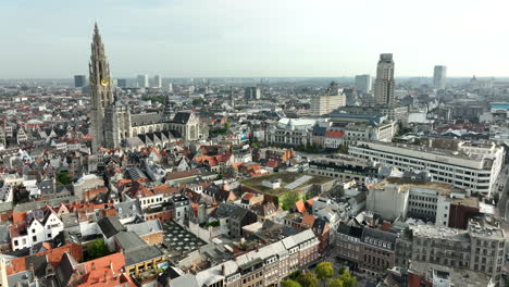 aerial drone dolly shot of the skyline of antwerp with the cathedral of our lady