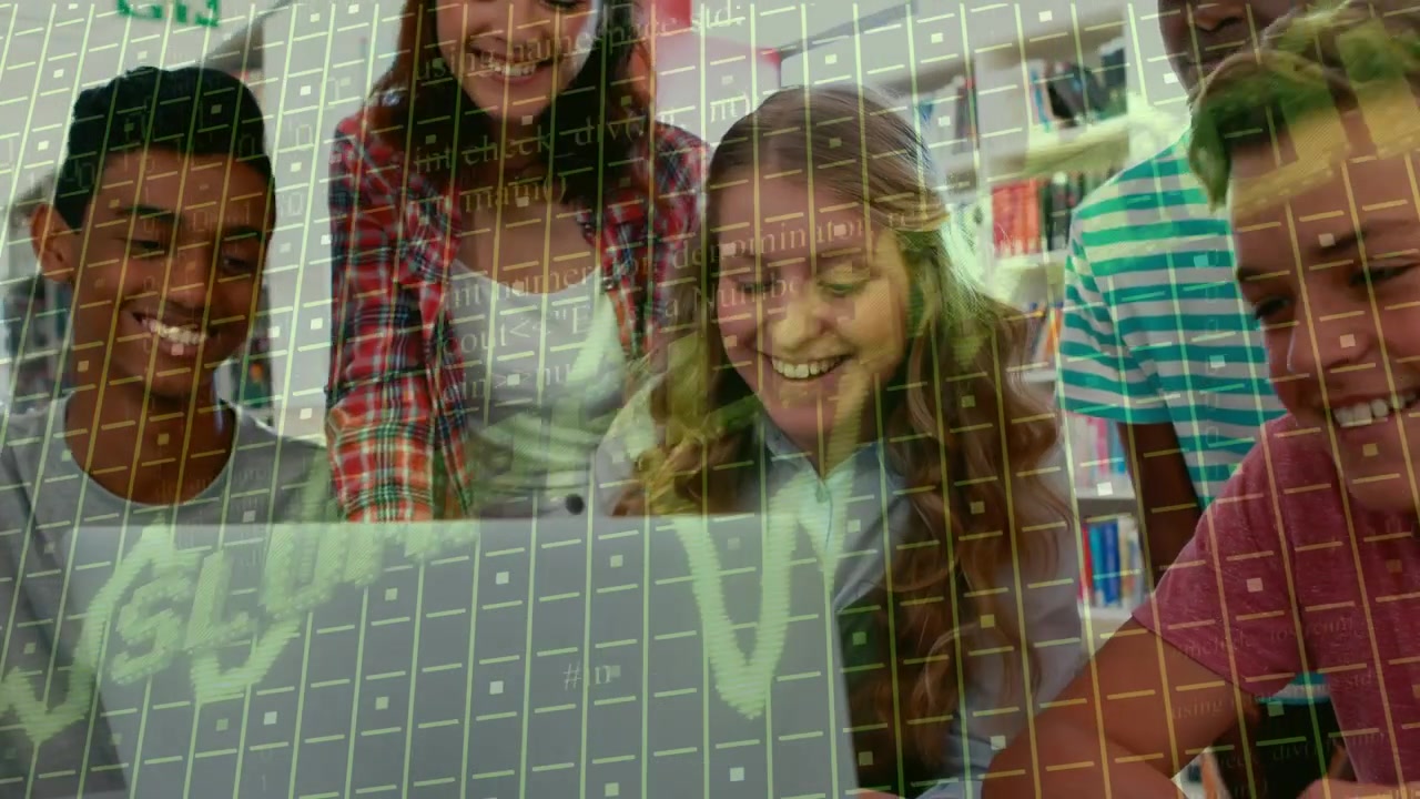 Five students collaborating around laptop in school, peer typing, grid overlay appearing, reacting