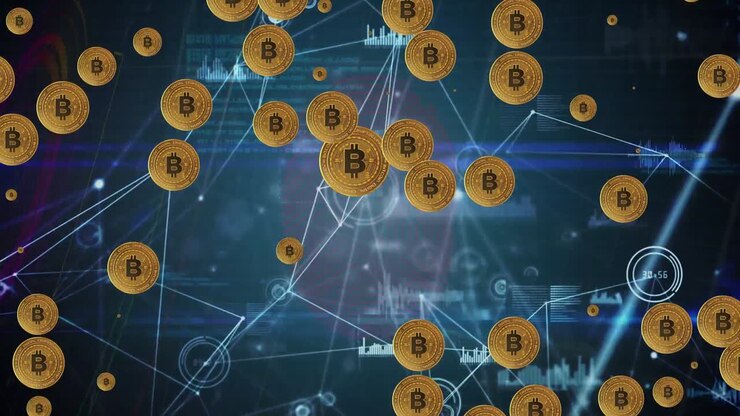 Animazione di icone Bitcoin su una rete di connessioni ed elaborazione dati