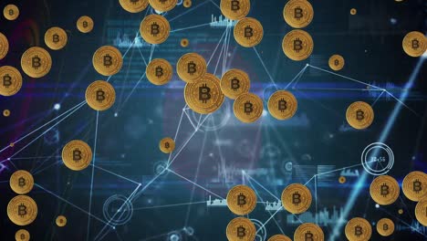 animación de iconos de bitcoin a través de la red de conexiones y procesamiento de datos