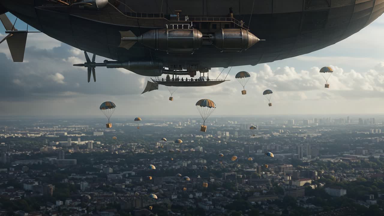 A breathtaking view of an elaborate airship releasing a multitude of parachutes over a sprawling cityscape, combining elements of steampunk and adventure in one stunning visual