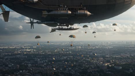 a breathtaking view of an elaborate airship releasing a multitude of parachutes over a sprawling cityscape, combining elements of steampunk and adventure in one stunning visual