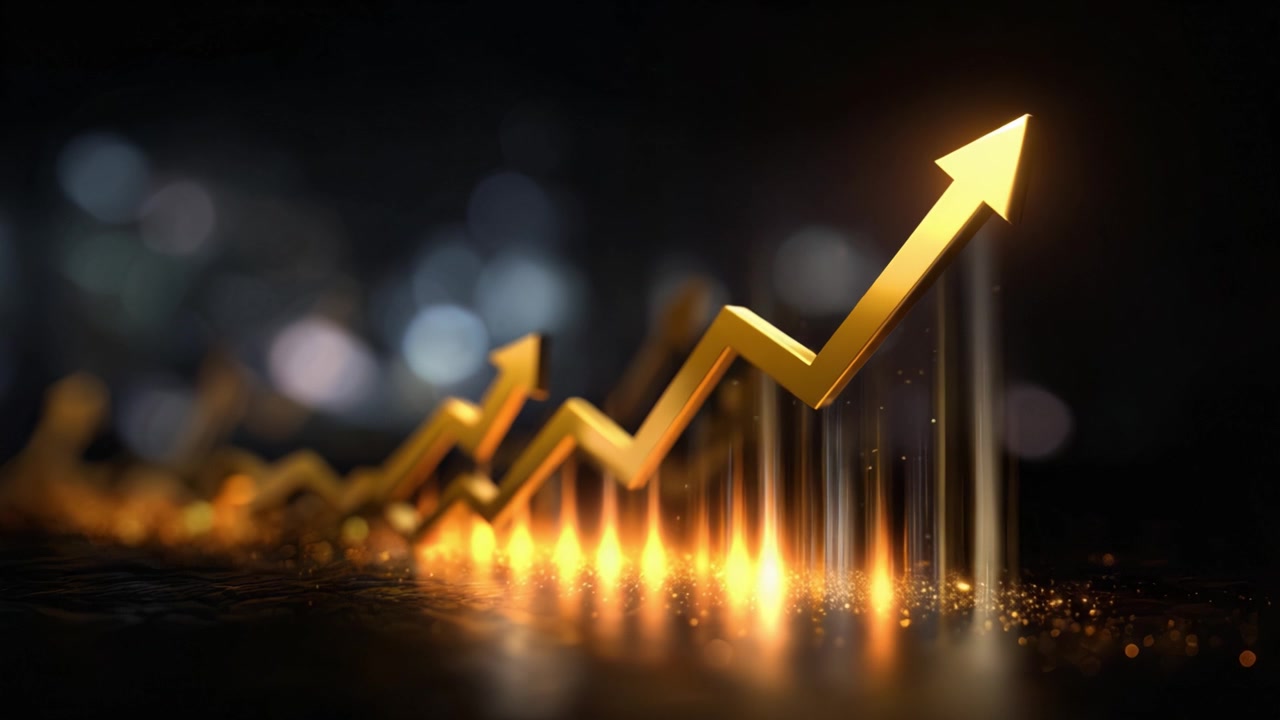 Golden Arrow Symbolizing Growth and Progress with Dynamic Lighting and Bokeh Background, Representing Financial Success and Positive Trends in Data Visualization