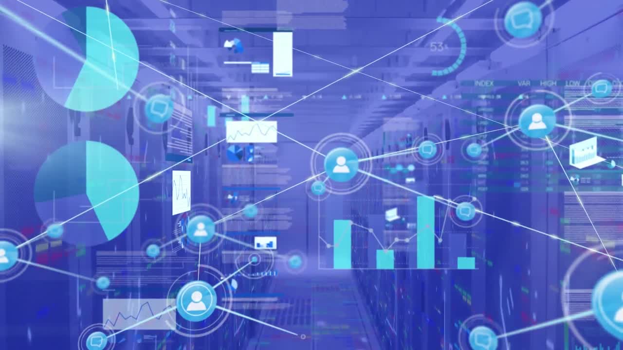 animación de la red de conexiones con iconos sobre servidores