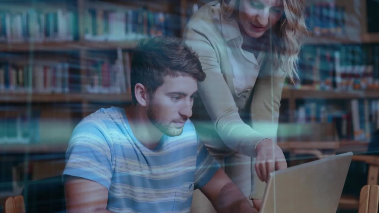 Tech student stopping typing after instructor pointing code overlay for debugging errors