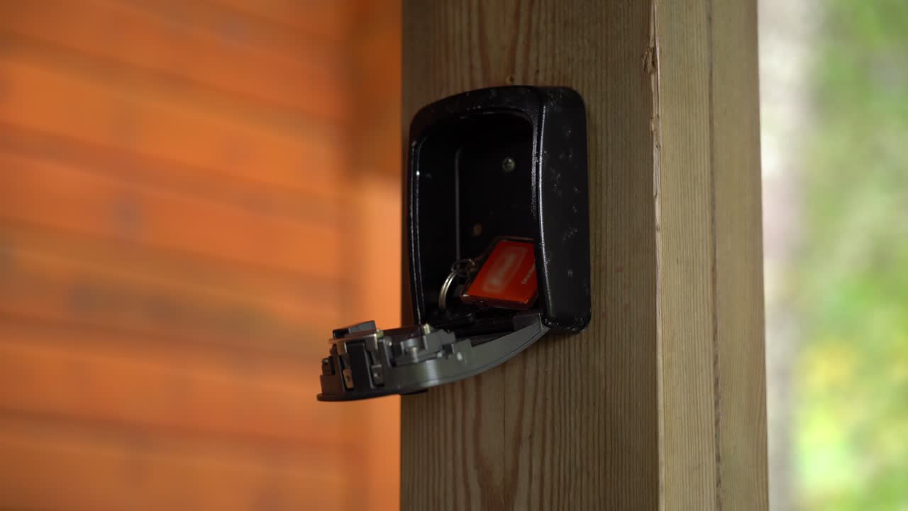 introducción manual del código y apertura de la caja de seguridad para sacar la llave desde el interior: solo la mano y la caja de seguridad son visibles y tienen un fondo borroso