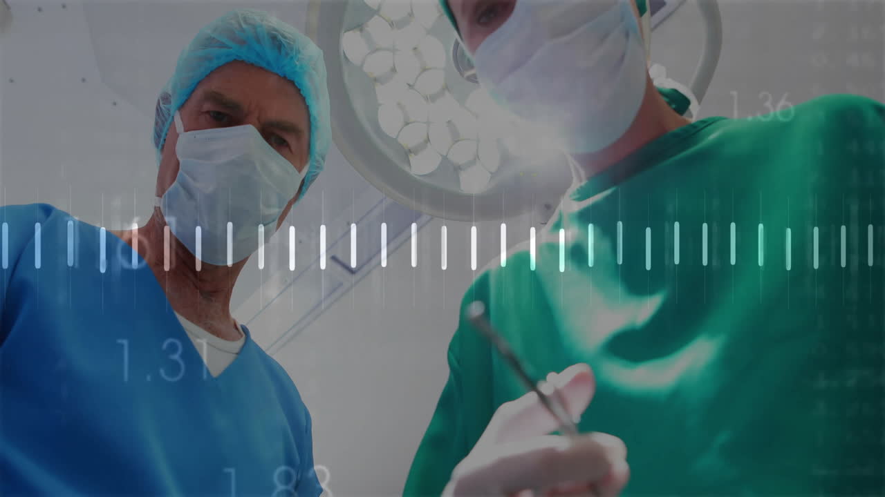 Animation of data processing over caucasian surgeons during operation