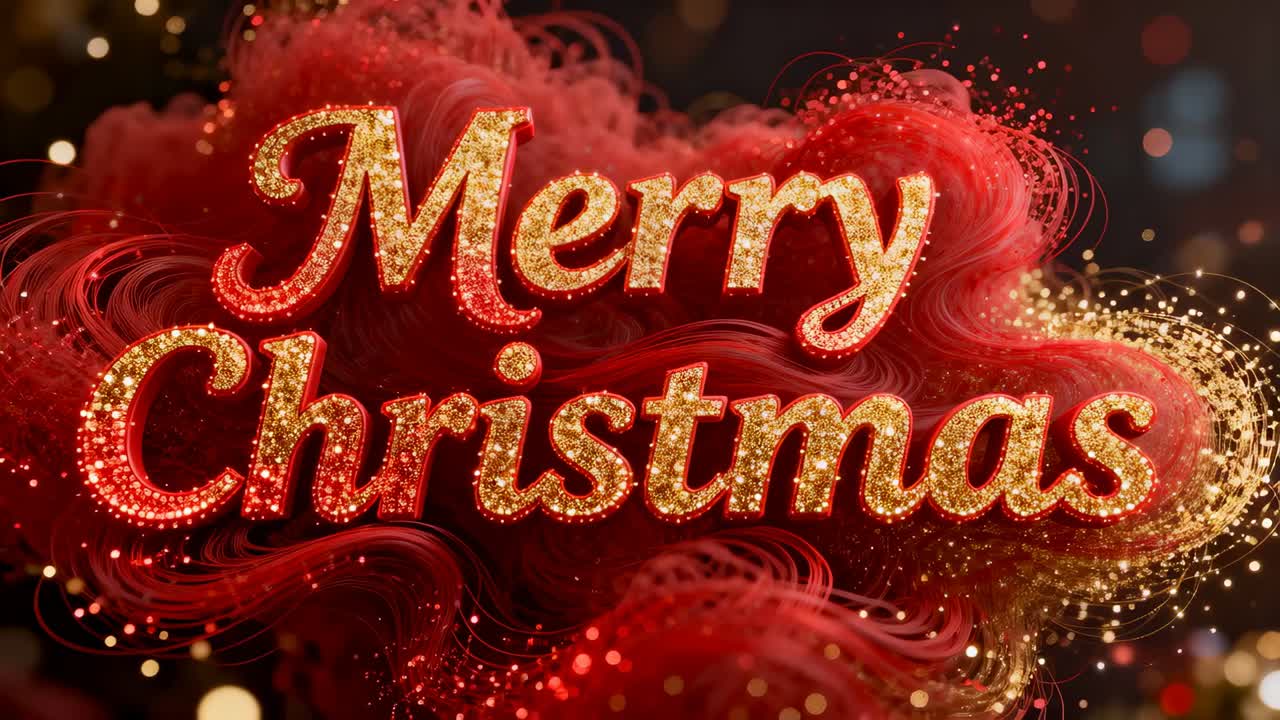Animating Merry Christmas text brightening on black, red wisps pulsing with gold sparks for holiday