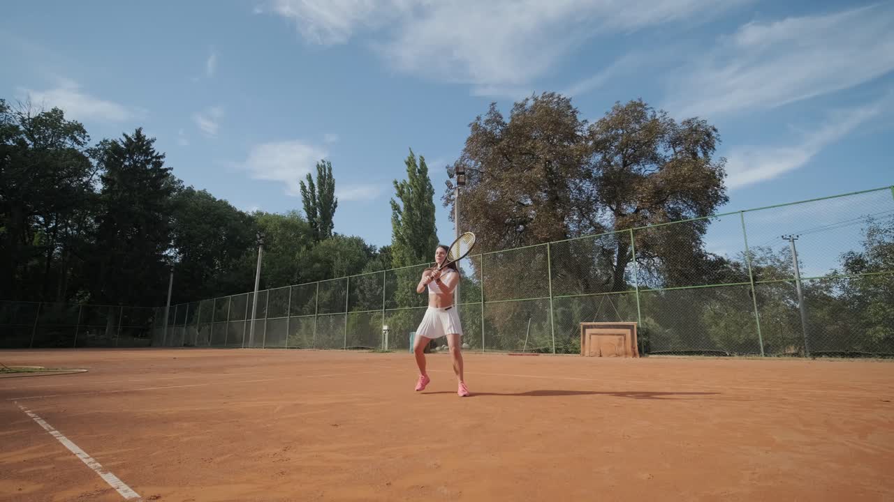 여자 테니스 선수 가 야외 코트 에서 세브 를 연습 하고 있다