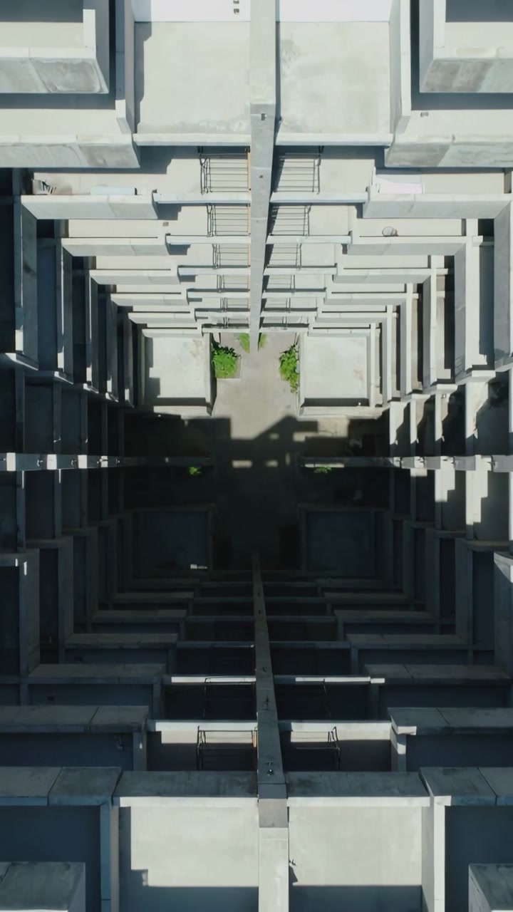 Vertical video: Descending camera revealing shaft in atrium, showing courtyard planters and shadows