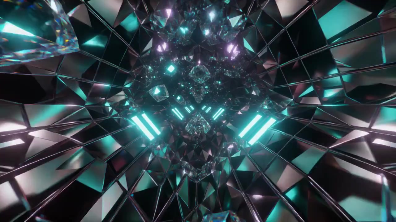 Abstract Tunnel of Glowing Geometric Diamond Shapes