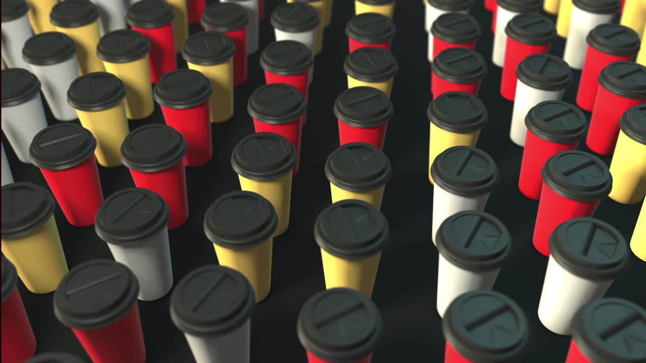 fondo de tazas de café de tres colores. renderizado abstracto en 3d con luz brillante y sombras. patrón de tachas de café. animación en bucle. amarillo rojo blanco