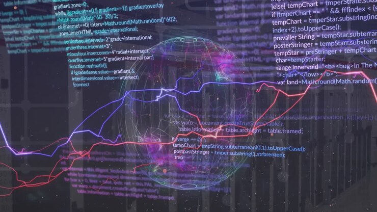 Animation of data processing over globe and computer servers