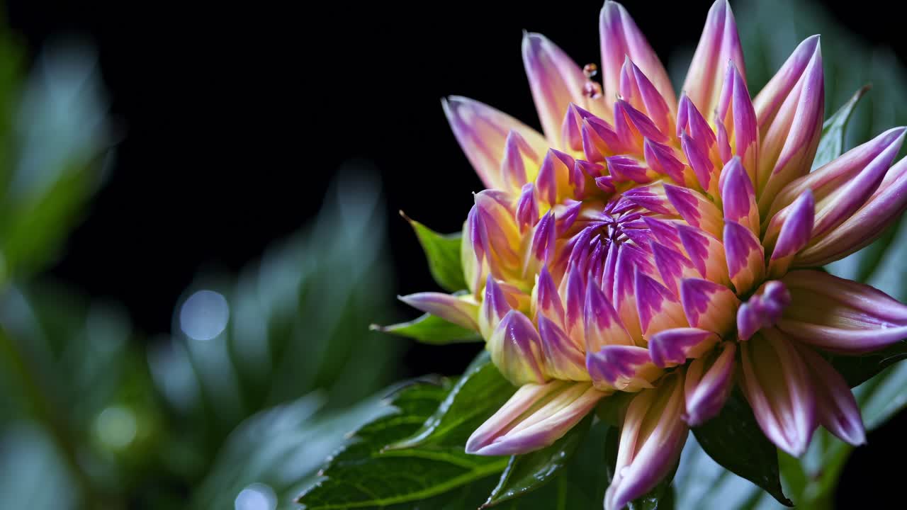 Close-up video angle of a budding flower against a dark background, highlighting its vibrant colors