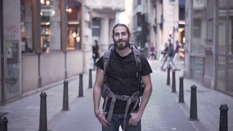 smiling traveler in city street