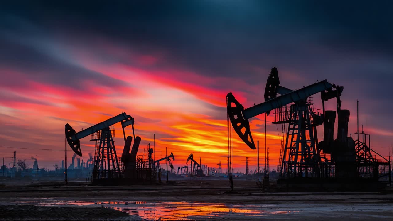 Pompes pétrolières industrielles en silhouette sur un ciel de coucher de soleil éclatant, affichant un magnifique contraste de couleurs et la puissance de l'extraction pétrolière dans un champ pétrolifère.