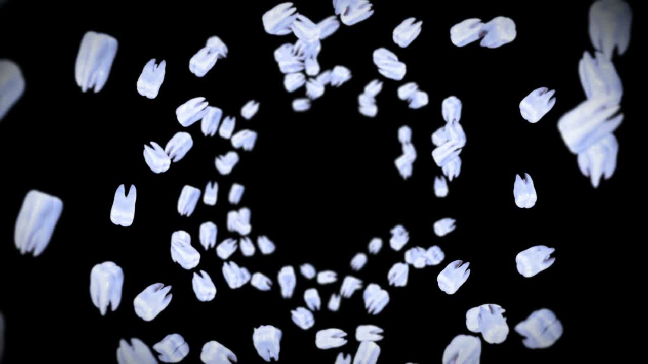 검은색 바탕에 많은  이빨을 날아다니며, 치과 관리 개념, 치아 회전의 3d 애니메이션, 루프 애니메이션.