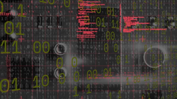 Animation af databehandling over et computerkredsløbskort på sort baggrund