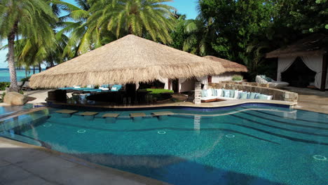 luxury tropical resort, swimming pool bar, poolside and palm trees, drone shot