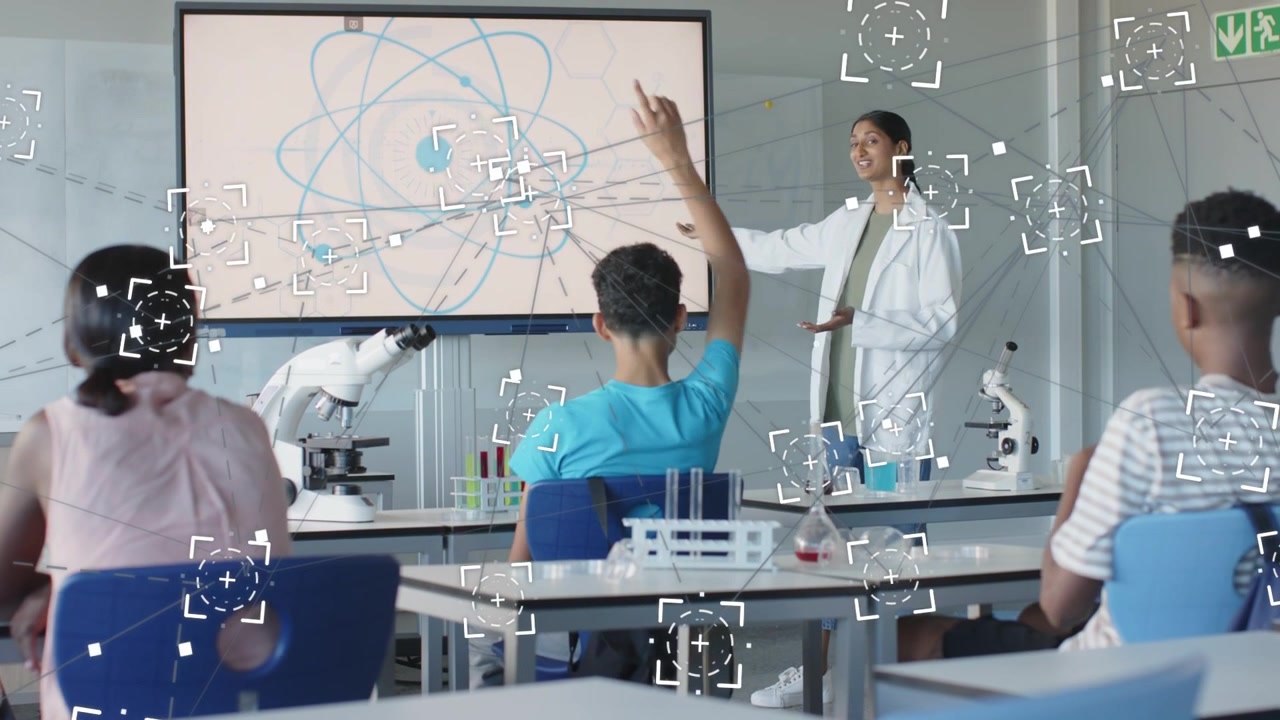 Teacher gesturing at atomic screen in science, causing student raising hand, scans marking scopes