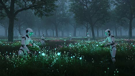 a serene encounter with nature: robots harmoniously cultivating an enchanted glade filled with luminous flora beneath a mystic canopy of trees