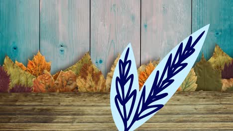 Animation-of-leaves-and-leaf-drawing-on-wooden-background