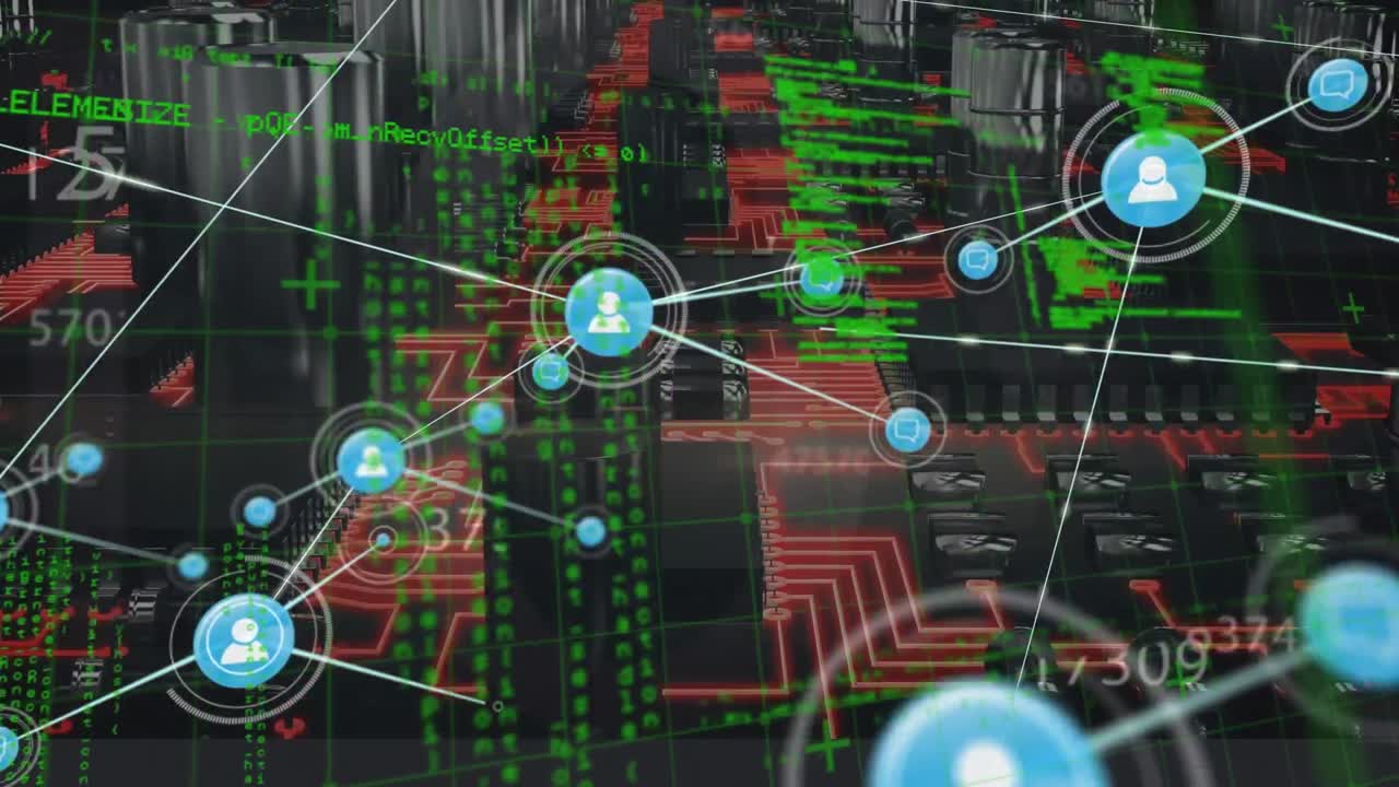 animación de iconos de perfil que conectan puntos con números, datos y elementos de hud en la interfaz digital