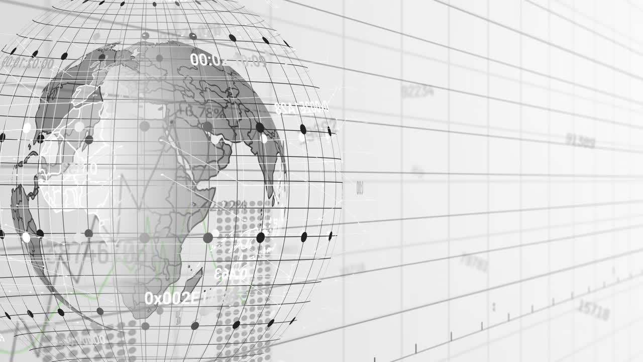 Animation of changing numbers and spinning globe over grid network against white background