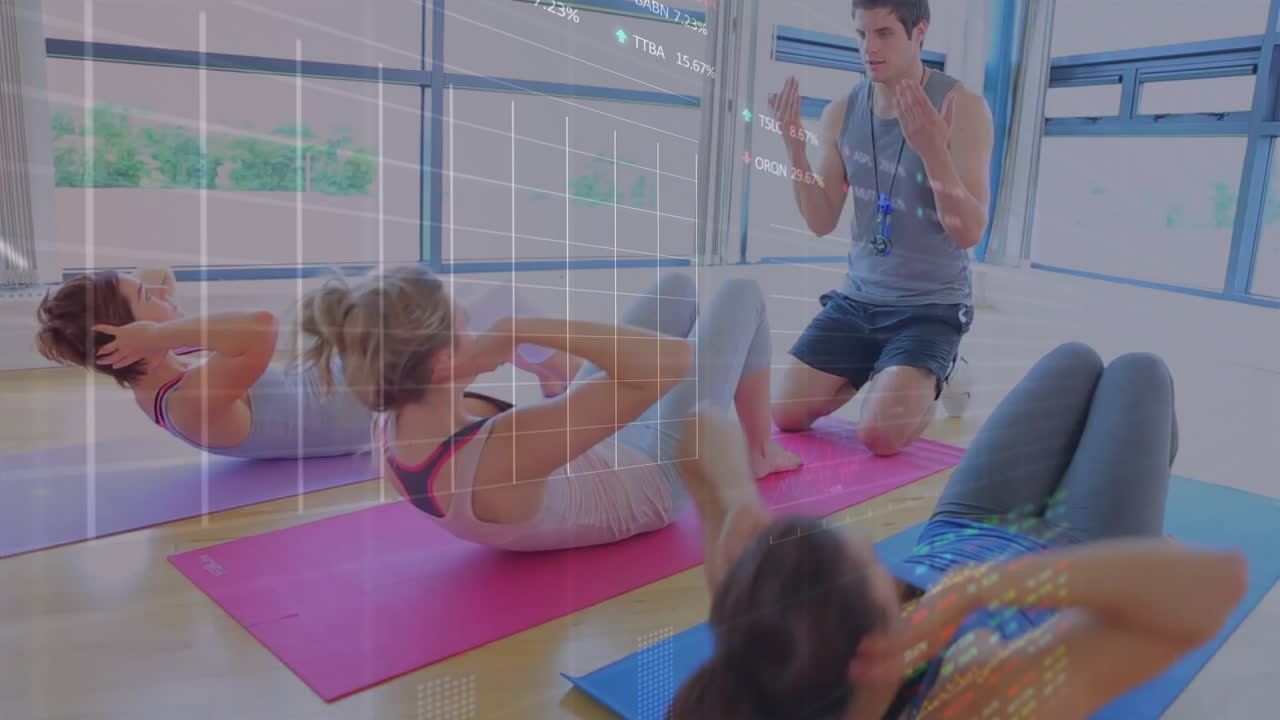 fitness instructor guiding trainees in studio, with animated rep counter and heart icon overlay