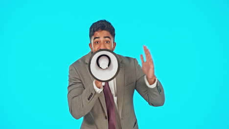 hombre de negocios, hablando y megáfono aislado